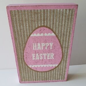 Happy Easter Sign (Pink, White, Brown) Wooden frame with painted burlap top
